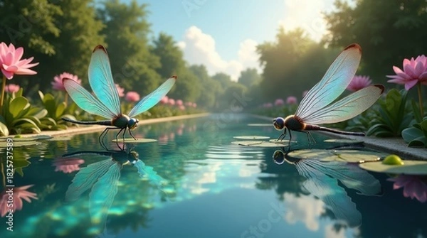 Obraz Two iridescent dragonflies hover over a tranquil pond with lotus flowers