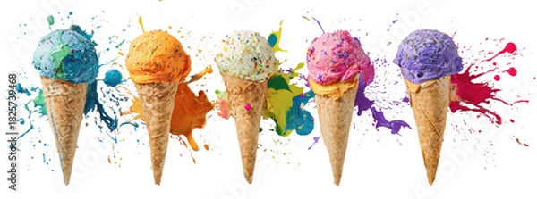 Fototapeta Five colorful ice cream cones with paint splashes