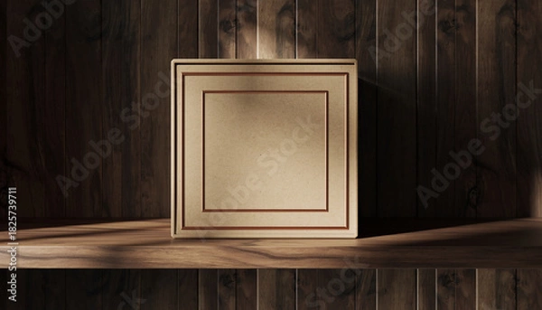 Fototapeta Elegant square gift box mockup on a wooden shelf with dappled light. Blank packaging presentation for branding and design