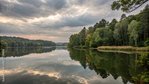 Fototapeta Calm lake reflection under dramatic cloudy sky