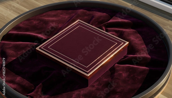 Obraz A luxurious square gift box mockup with gold trim resting on a plush red velvet cushion, ideal for a premium product presentation or branding display