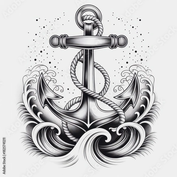 Obraz Detailed grayscale illustration of an anchor entwined with rope amidst stylized ocean waves art