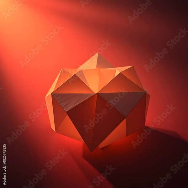 Fototapeta This image showcases a unique, faceted geometric object, resembling a folded paper sculpture or an abstract gem, placed on a surface against a warm orange-red background. A strong, directional light s