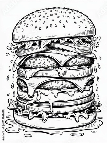 Obraz Detailed line art depiction of a towering burger with dripping sauce and visible ingredients