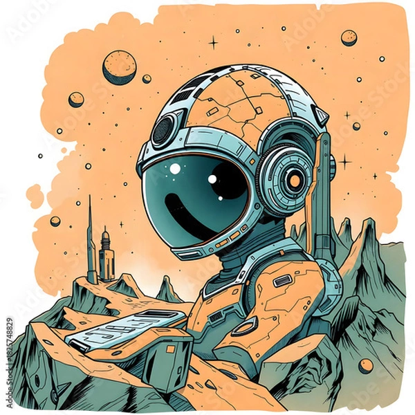 Fototapeta This image is a stylized, comic-book-style illustration of an astronaut in a helmet, smiling and looking upwards. The astronaut's suit is orange and teal, with a reflective visor showing a distant cit