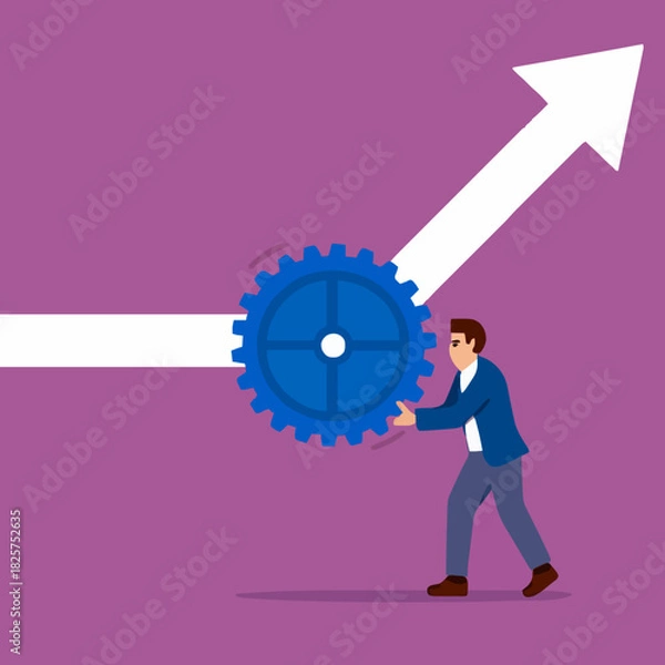 Fototapeta change business management, businessman turn gear cog to manage change direction arrows, professional or expertise to manage company transformation or implement new process concept vector illustration