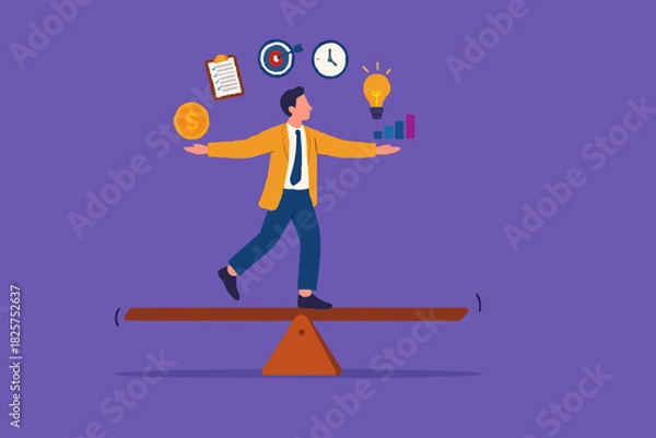Fototapeta multiple project management concept illustration, juggle multiple project concept, professional businessman manage multiple project at the some time vector illustration while standing on seesaw