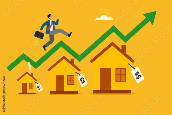 Fototapeta real estate or property growth concept, Housing price rising up, businessman running on rising green graph on house roof concept vector illustration with flat design style