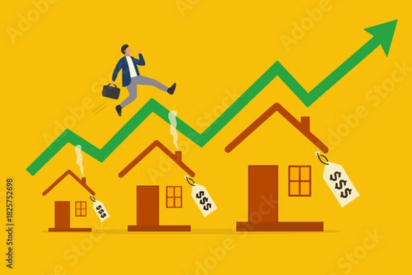 Fototapeta real estate or property growth concept, Housing price rising up, businessman running on rising green graph on house roof concept vector illustration with flat design style