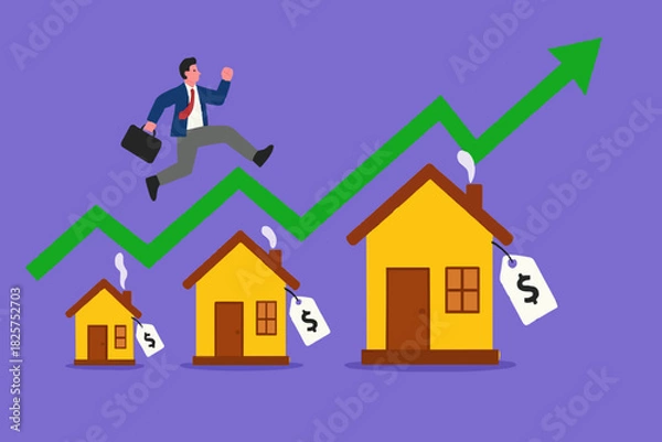 Fototapeta real estate or property growth concept, Housing price rising up, businessman running on rising green graph on house roof concept vector illustration with flat design style
