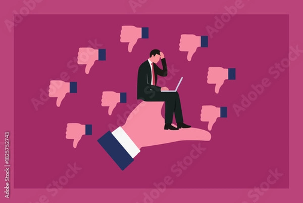 Fototapeta poor work performance illustration with the concept of businessman surrounded by people giving thumbs down, cheerful young man is surrounded by hands with thumbs down, negative opinion concept design