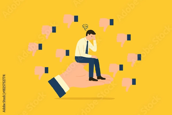 Fototapeta poor work performance illustration with the concept of businessman surrounded by people giving thumbs down, cheerful young man is surrounded by hands with thumbs down, negative opinion concept design