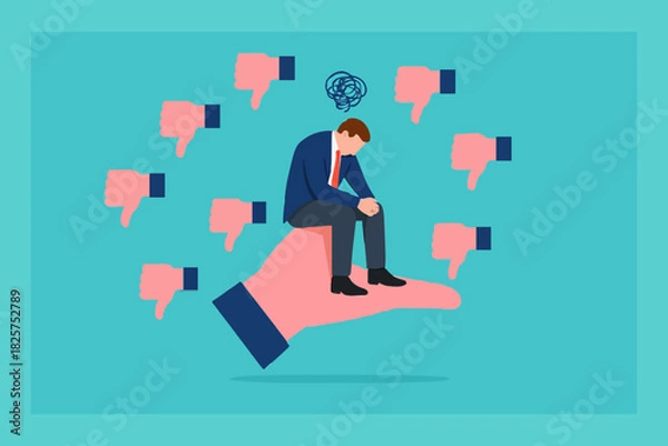 Fototapeta poor work performance illustration with the concept of businessman surrounded by people giving thumbs down, cheerful young man is surrounded by hands with thumbs down, negative opinion concept design