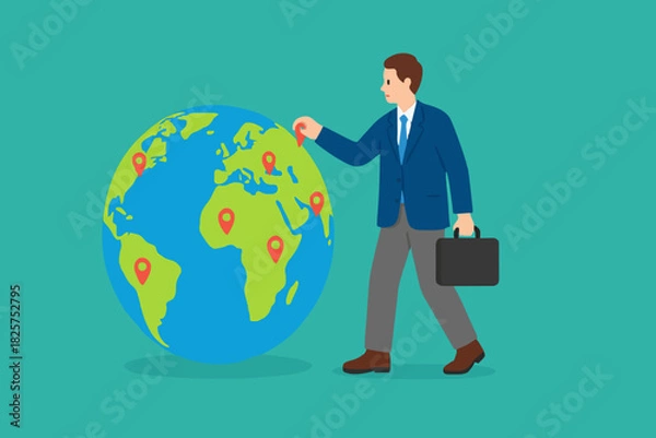Fototapeta Businessman put new branch pin on world map across globe. Global business expansion, open company branches, franchise in new location to cover all continent. growing business worldwide concept design