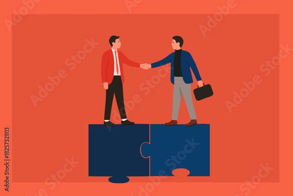 Fototapeta business agreement, cooperation in business to achieve certain targets, growth or progress to achieve goal and target, two business people shaking hands at puzzle concept vector illustration