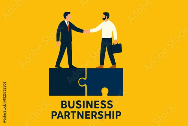 Fototapeta business agreement, cooperation in business to achieve certain targets, growth or progress to achieve goal and target, two business people shaking hands at puzzle concept vector illustration