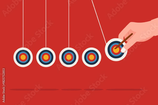 Fototapeta business target achievement as a milestone to achieve the next target, businessman pulling target board with bullseye arrow as e pendulum for milestone the next target
