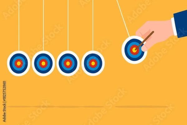 Fototapeta business target achievement as a milestone to achieve the next target, businessman pulling target board with bullseye arrow as e pendulum for milestone the next target