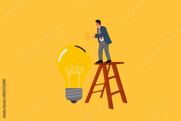Fototapeta funding new innovative project, investing or VC venture capital to support business startup idea, raising funds to start a business, businessman inserts gold coins into business light bulb idea