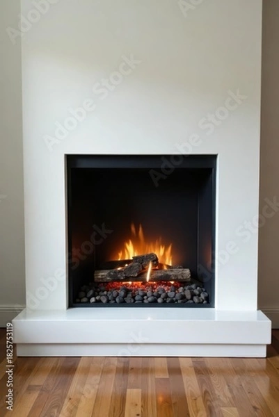 Fototapeta Contemporary gas fireplace insert, clean lines, installation, gas logs, luxury