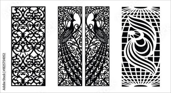 Fototapeta Black Decorative Panels with Peacock and Geometric Patterns vector illustration