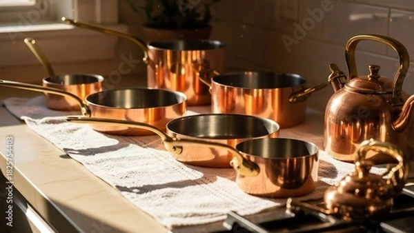 Obraz 輝く銅製調理器具、温かい光の中で上品なキッチンを演出。レトロな雰囲気と柔らかなベージュ色の背景が心地よい空間を作り出す。