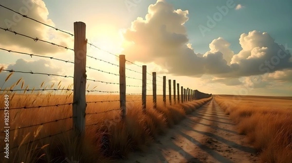 Fototapeta Fence with barbed wire in the middle of a field surrounded by open rural landscape with grass and a wide quiet meadow stretching into the distance under soft daylight creating a peaceful outdoor scene