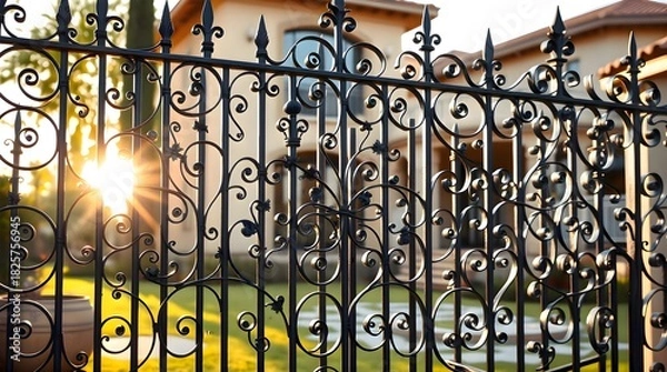 Obraz Wrought iron fence with sun shining through it in front of a house creating long shadows and warm light across the structure forming a decorative architectural scene