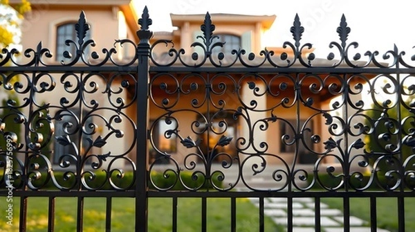 Fototapeta Black iron fence with a house visible behind it showing metal patterns and structural details illuminated by soft daylight forming a quiet outdoor architectural scene in a residential environment