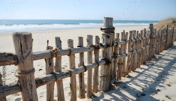 Obraz Wooden fence on a sandy beach beside the ocean with weathered planks and gentle coastal waves creating a serene shoreline atmosphere under soft natural light