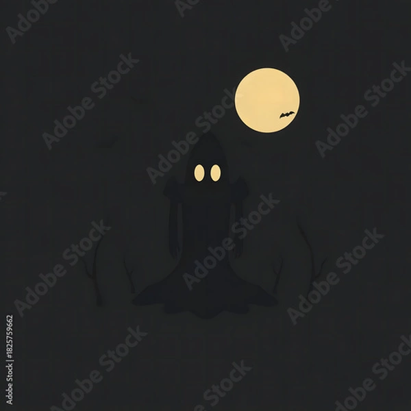 Fototapeta This image is a minimalist, dark illustration featuring a silhouetted figure that resembles a ghost or a hooded phantom. It has two glowing yellow eyes and a small yellow circle above its head, possib