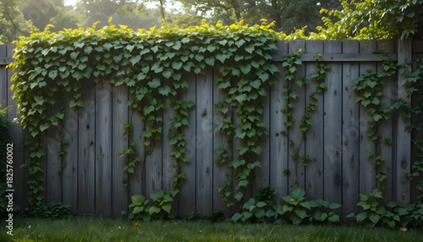 Fototapeta Fence covered in dense vines forming a natural textured surface with intertwining leaves creating a lush green outdoor backdrop filled with organic shapes and soft daylight