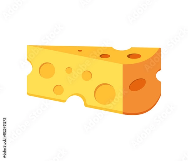 Fototapeta A triangular block of bright yellow cheese featuring several holes often called eyes.