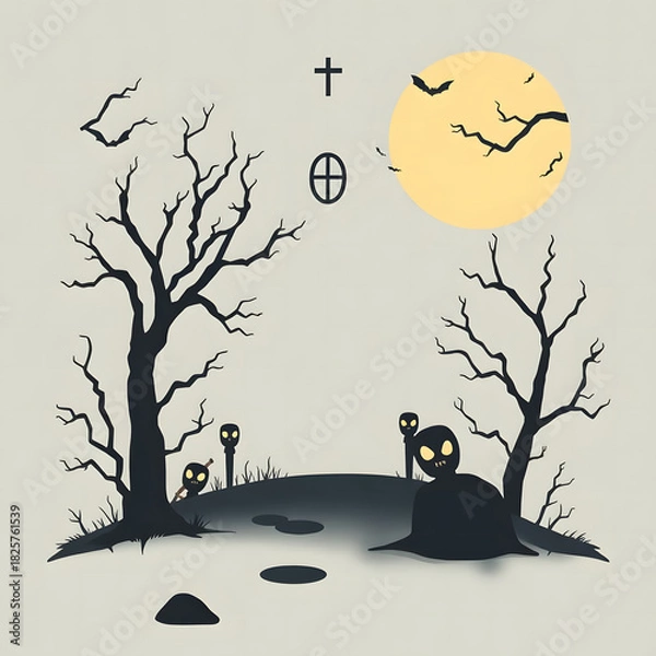 Fototapeta This image features a stylized, minimalist illustration of a spooky Halloween night scene. A full, pale yellow moon dominates the grey sky, accompanied by flying bats and a small cross on a distant hi