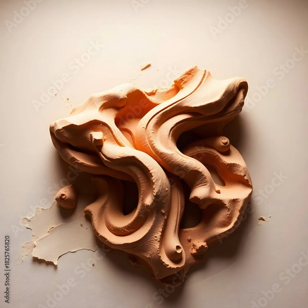Fototapeta This image is a dynamic, textured abstract composition of a single, flowing, organic mass in an earthy, reddish-brown tone, resembling clay, dough, or even molten material. It is intricately folded an