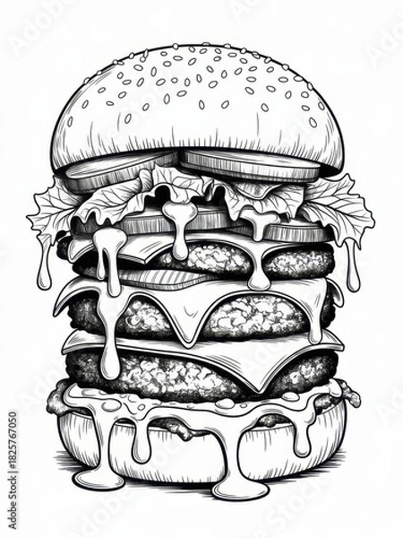 Obraz Detailed monochrome drawing of a towering burger with dripping sauce and visible ingredients