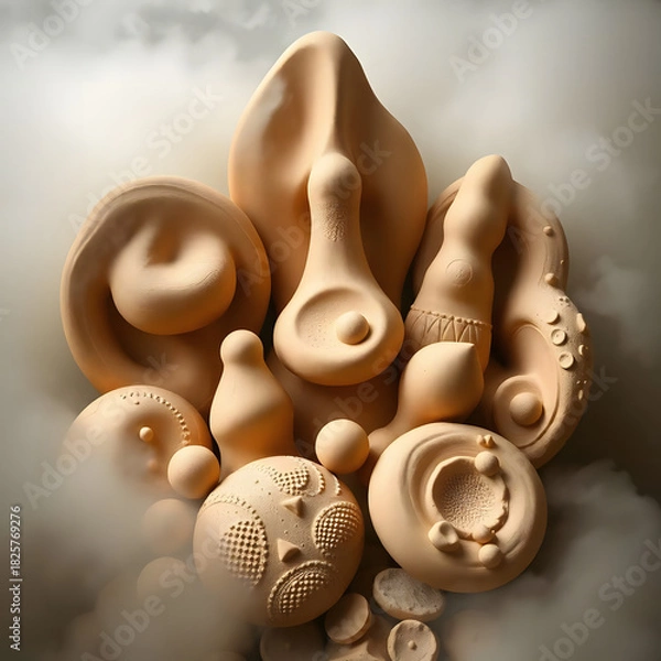 Fototapeta This image presents an artistic arrangement of various organic, sculptural forms, likely made from clay or a similar natural material, in earthy tones. The shapes are abstract and irregular, some rese