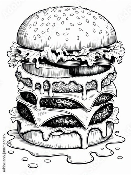 Obraz Detailed black and white line art illustration of a towering triple cheeseburger with toppings