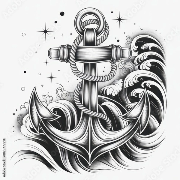 Obraz Detailed monochrome drawing of an anchor with rope and stylized waves on a light background