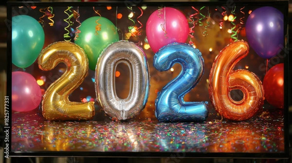 Fototapeta Virtual and Digital New Year Eve Gatherings, metallic 2026 balloon display with vibrant party backdrop, confetti, and colorful decor highlighting festive digital countdowns, virtual celebration visual