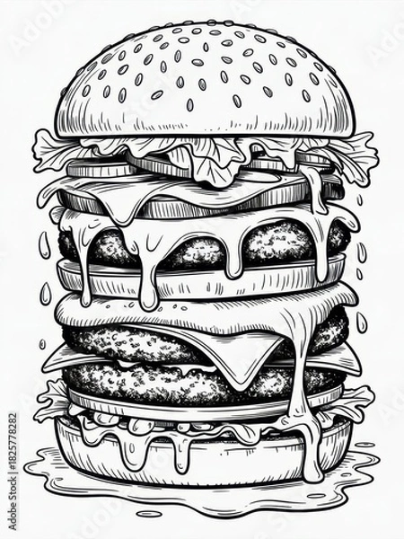 Obraz Detailed line art illustration of a towering burger with dripping cheese and fresh ingredients