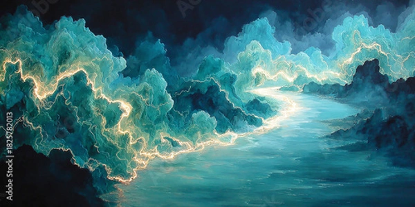 Obraz A breathtaking, ethereal landscape featuring luminous, glowing storm clouds and a winding river reflecting the celestial light, creating a surreal and mystical atmosphere