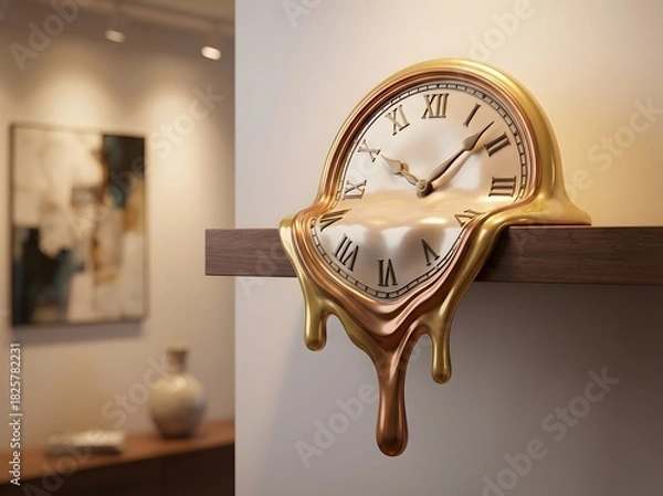 Obraz A surreal golden clock melting over a wooden shelf, depicting time's fluidity in an interior setting.