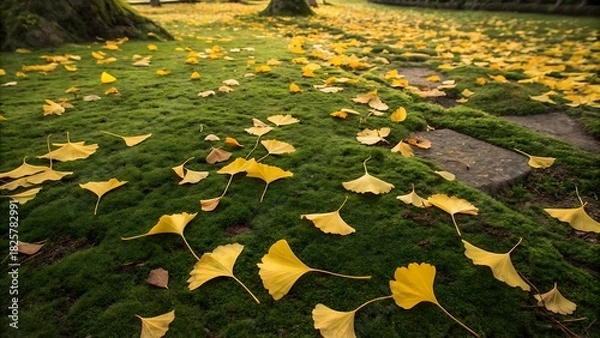 Fototapeta Golden ginkgo leaves create a beautiful autumn carpet on lush green moss, signaling the changing seasons in a serene garden landscape