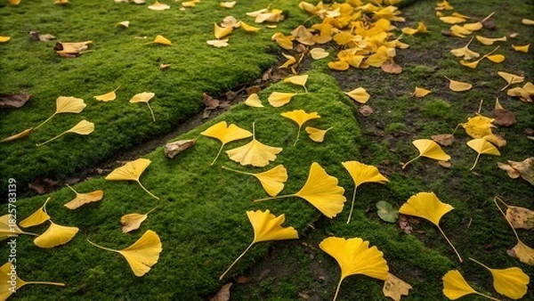 Fototapeta Vibrant yellow ginkgo leaves scattered across a lush, textured carpet of green moss, showcasing the beautiful colors of autumn in a serene natural setting