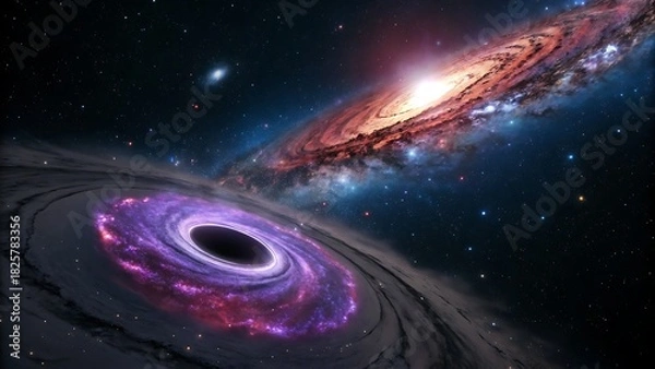 Fototapeta A dramatic cosmic scene featuring a powerful black hole with a glowing purple accretion disk, set against a majestic spiral galaxy and a field of distant stars