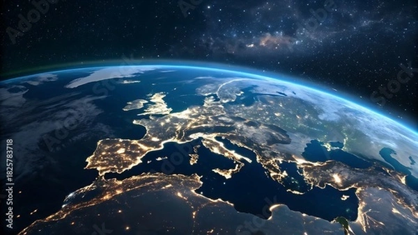 Fototapeta Stunning view of planet earth from space at night, showcasing the illuminated cities and countries of europe against a starry cosmic background