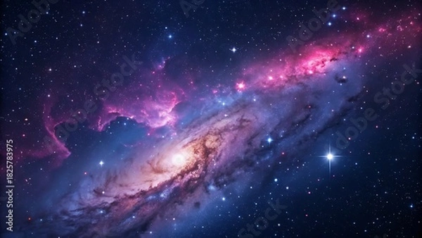 Fototapeta A breathtaking view of a vibrant spiral galaxy, adorned with countless stars and colorful nebulae, illuminating the vast expanse of deep space with its cosmic beauty and mysterious allure