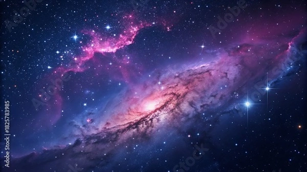 Fototapeta A captivating cosmic landscape featuring a vibrant spiral galaxy with glowing pink and purple nebulae, surrounded by countless twinkling stars