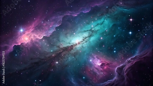 Fototapeta A vibrant cosmic nebula glows with brilliant pink, purple, and teal colors, illuminated by countless stars, showcasing a stunning celestial view